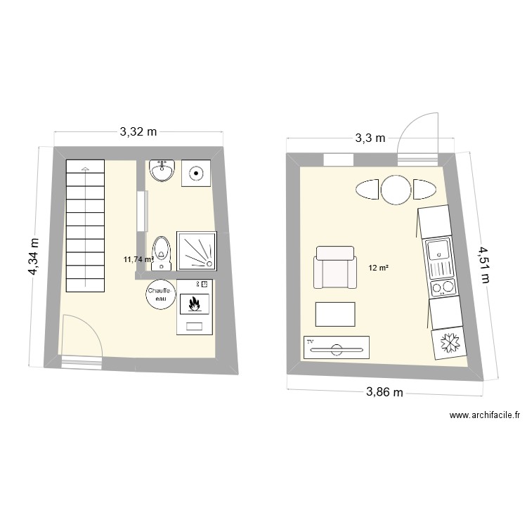 bba. Plan de 2 pièces et 24 m2