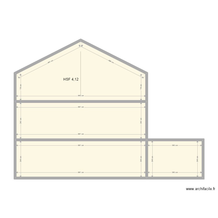 Modèle coupe rez 1 et combles. Plan de 4 pièces et 74 m2