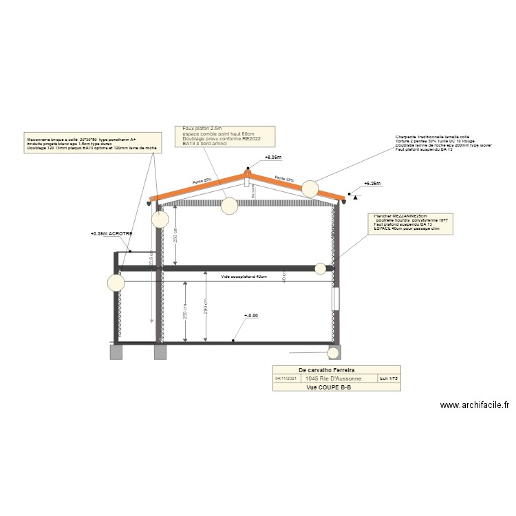 placo projet 6 bis coupe AA. Plan de 4 pièces et 20 m2