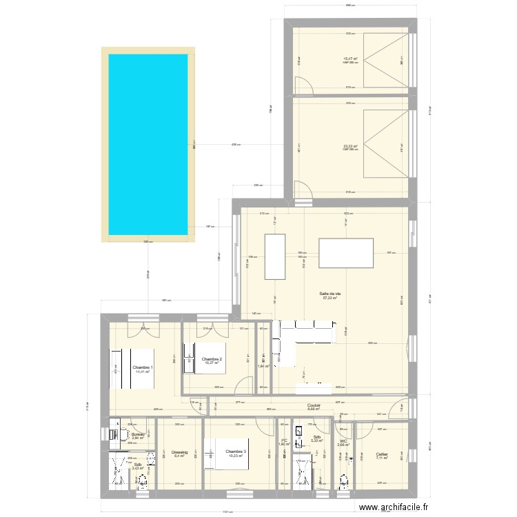 béa5. Plan de 15 pièces et 171 m2