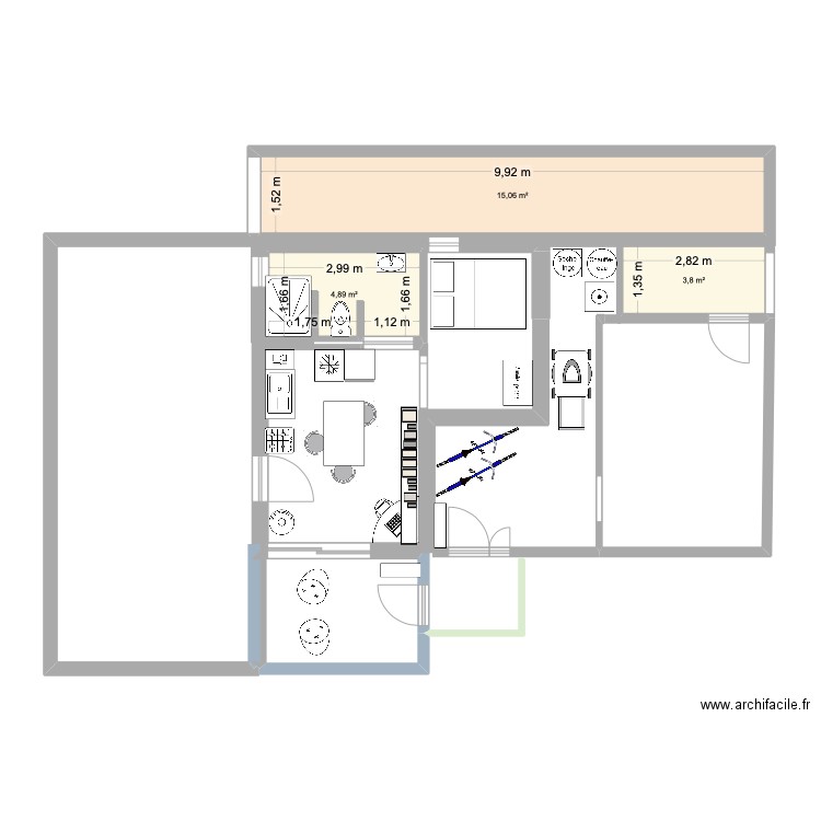 Studio V2. Plan de 3 pièces et 24 m2