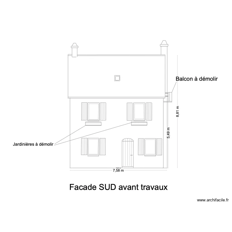 facade sud avant travaux. Plan de 