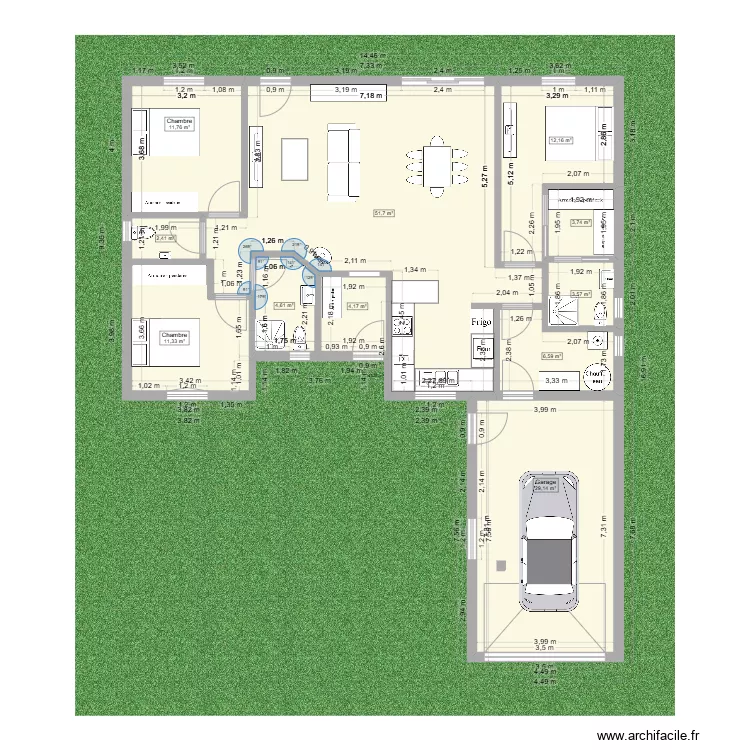 3: 113 m2 avec 3 chambres + 29m2 garage. Plan de 