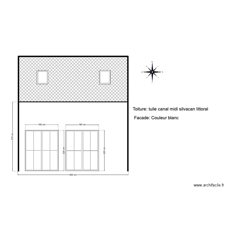  DP4 plan façade et toiture face sud apres projet. Plan de 1 pièce et 14 m2