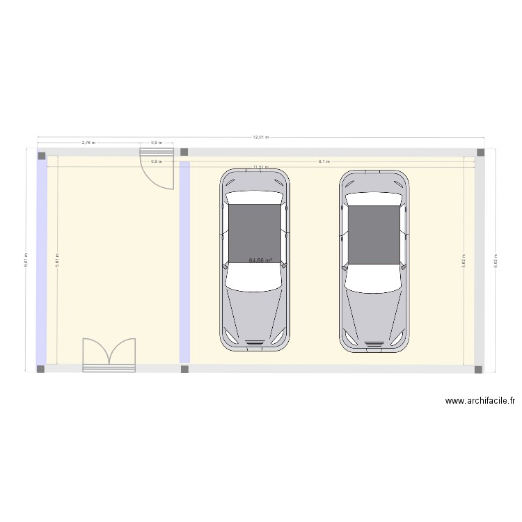 P2  - garage 2 voitures. Plan de 1 pièce et 65 m2