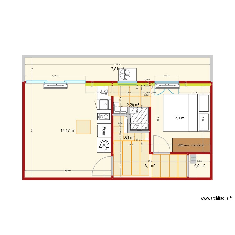 APPARTEMENT François Villon amménagé-Carrelage. Plan de 7 pièces et 37 m2
