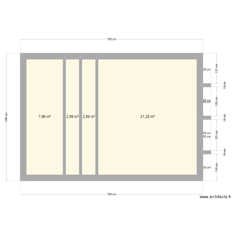 charpente. Plan de 4 pièces et 35 m2