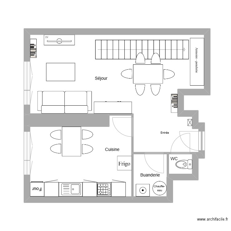Marquegnies rdc meublé. Plan de 5 pièces et 45 m2