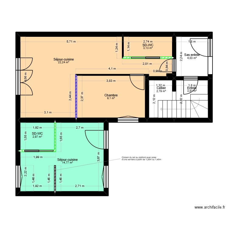 PLAN RDC CLOISONS MODIFIEES - SONNEVILLE. Plan de 9 pièces et 63 m2