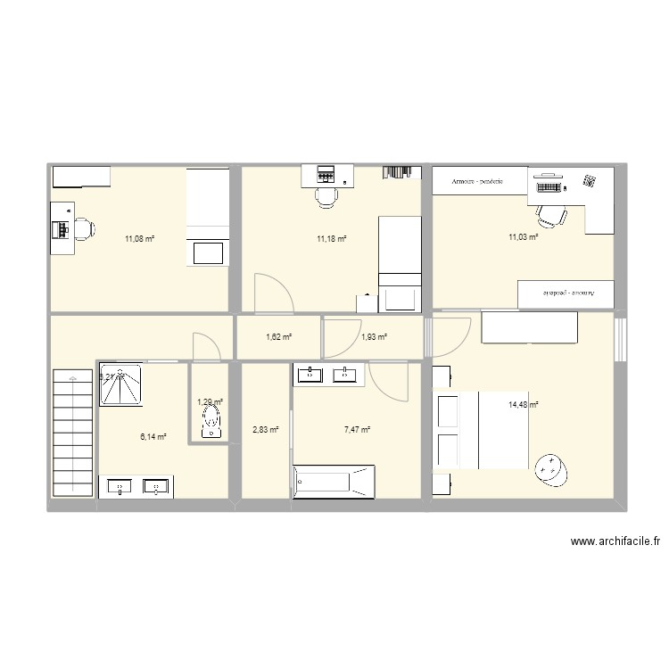 Gazeran Suite parentale. Plan de 11 pièces et 75 m2
