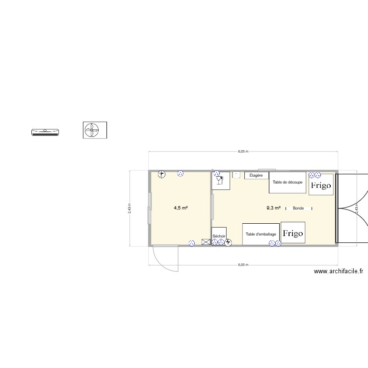 Labo Conteneur 20 top. Plan de 2 pièces et 14 m2