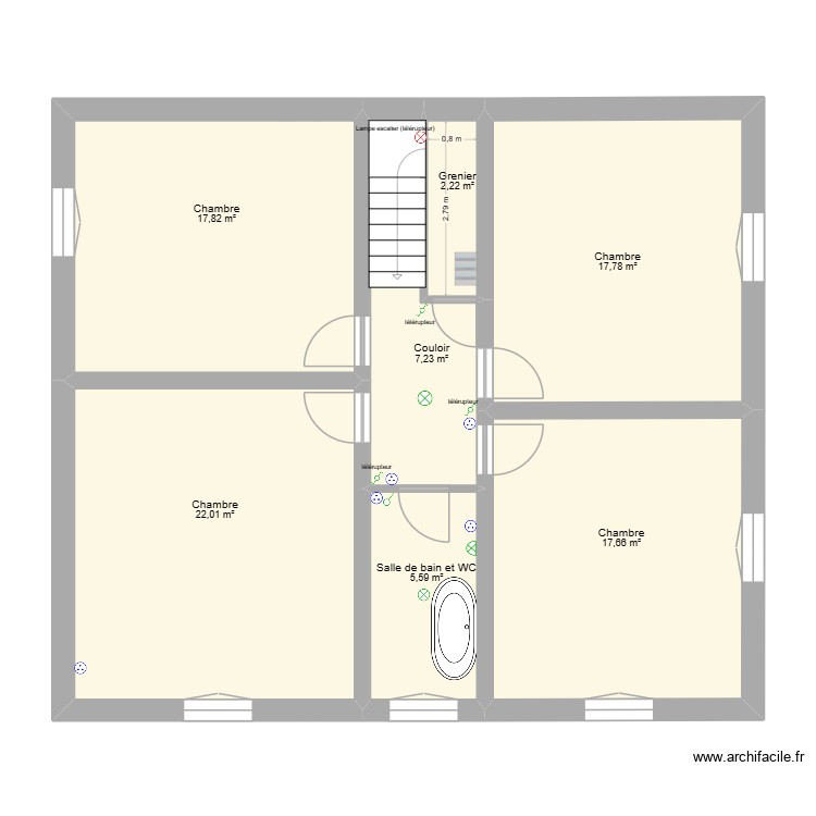 1er &eacute;tage, couloir et SDB. Plan de 0 pièce et 0 m2