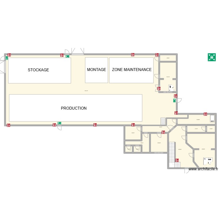 Plan d'évacuation. Plan de 14 pièces et 577 m2