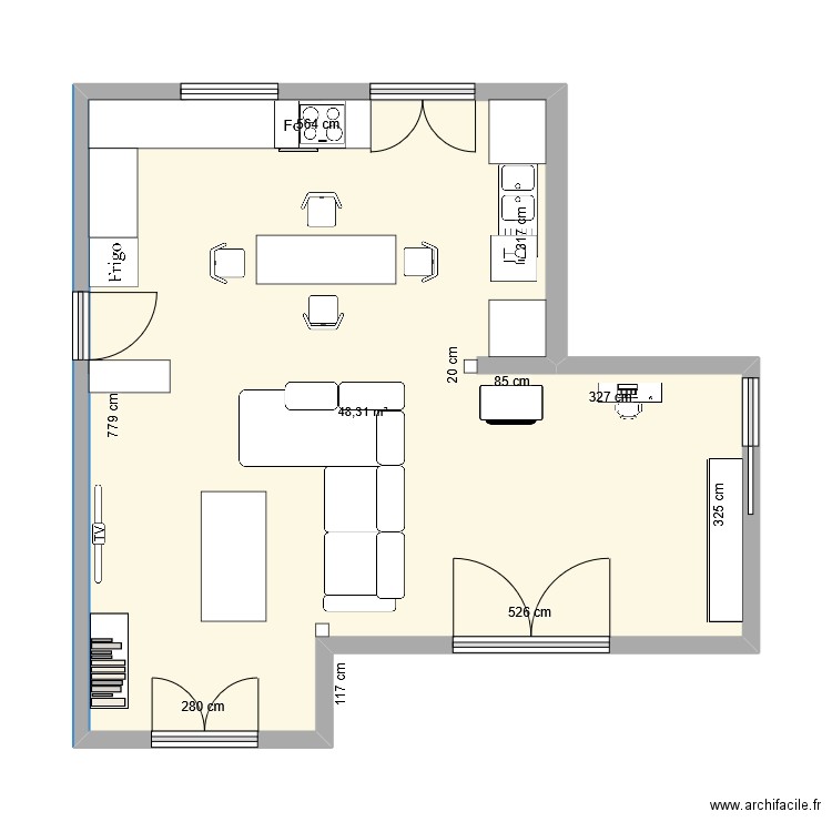 Salon-Cuisine. Plan de 1 pièce et 48 m2