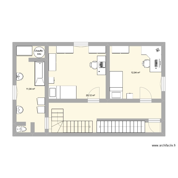 etage. Plan de 3 pièces et 53 m2