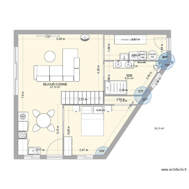 bouriklou  REZ DE CHAUSSEE 2. Plan de 3 pièces et 56 m2
