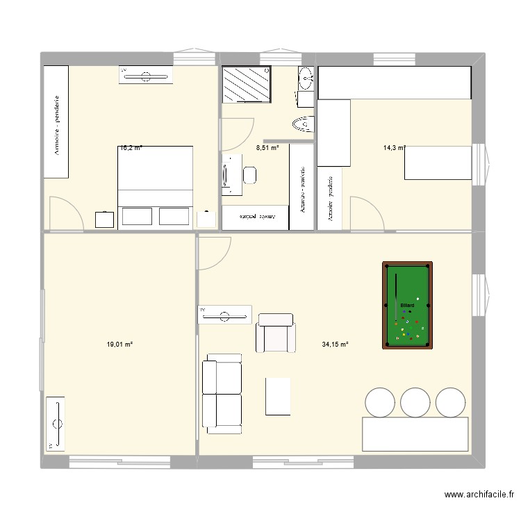 extension. Plan de 5 pièces et 92 m2