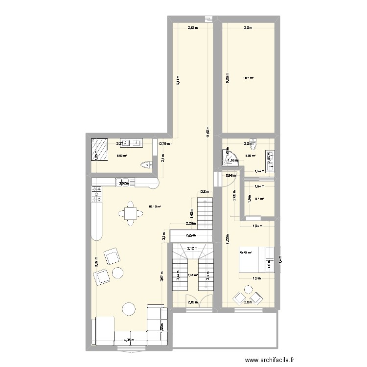 Bou3alem. Plan de 8 pièces et 117 m2