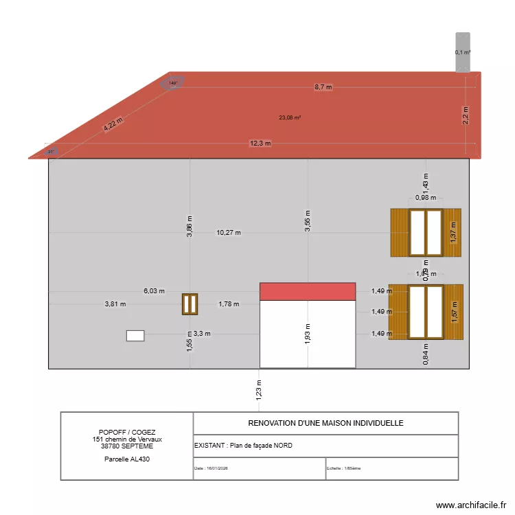 FACADE NORD existant. Plan de 2 pièces et 23 m²