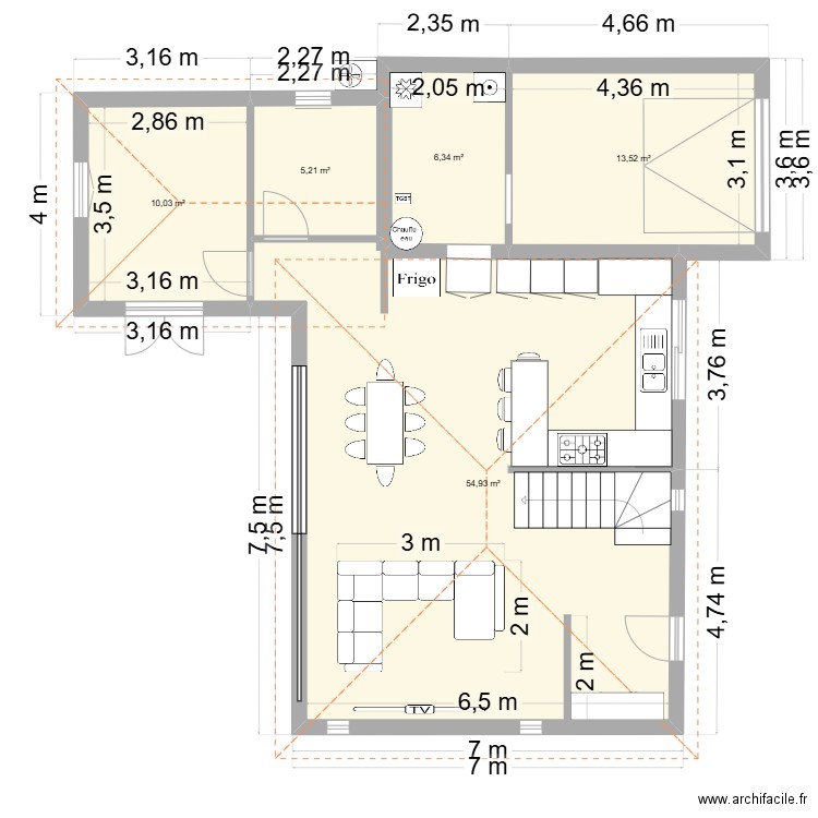 Projet maison RDC. Plan de 5 pièces et 90 m2
