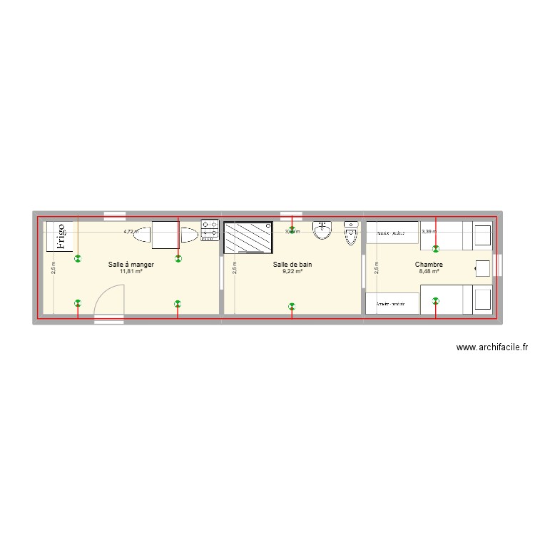 plan conteneur. Plan de 3 pièces et 30 m2