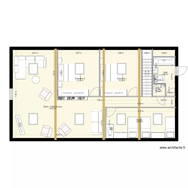 Projet Taounza - Etage croquis projet meubl&eacute;. Plan de 8  et 111 m²