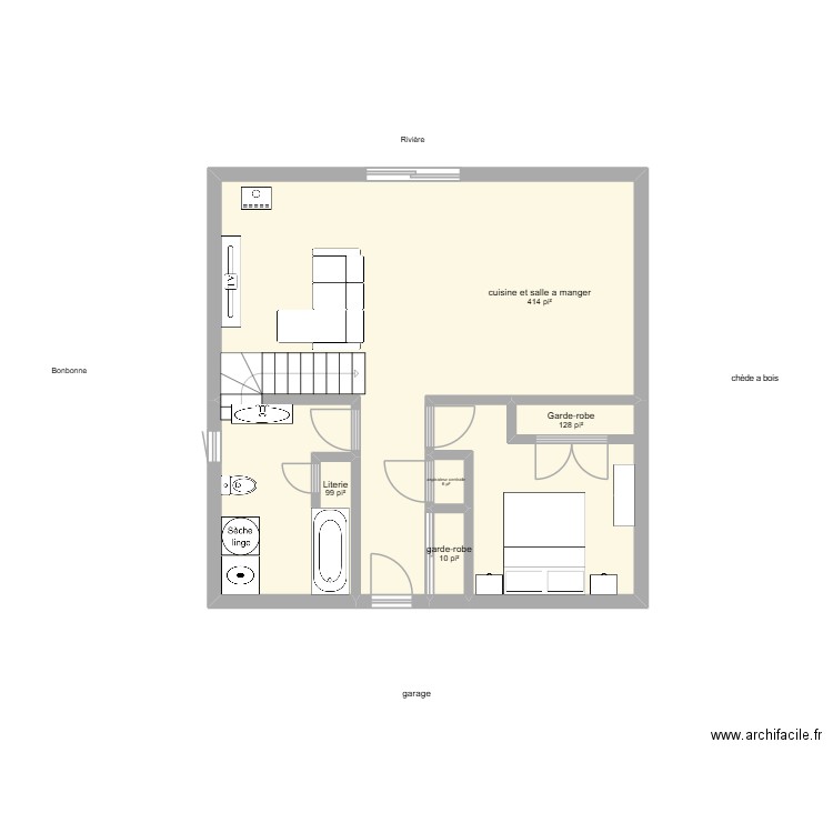 28x28. Plan de 5 pièces et 61 m2