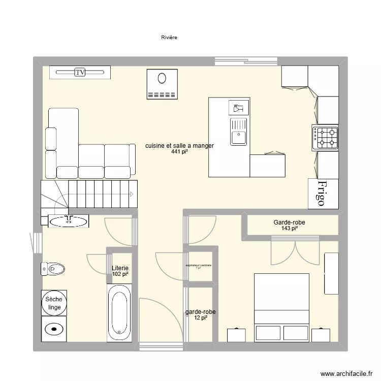 28x28. Plan de 5 pièces et 65 m²