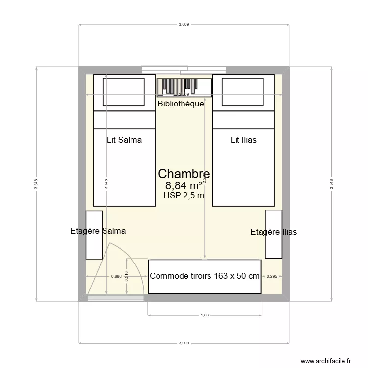 chambre salma et ilias. Plan de 1  et 9 m²