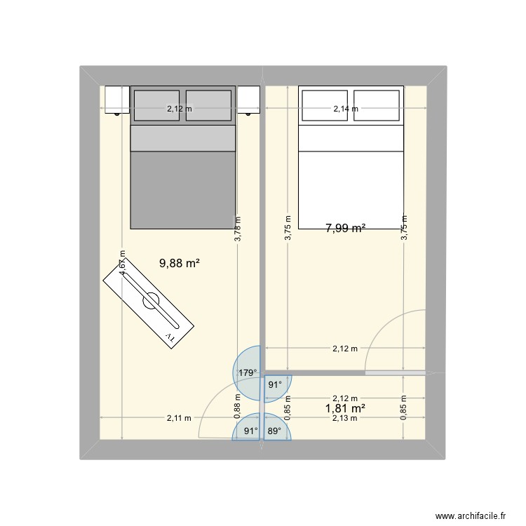 Chambre. Plan de 3 pièces et 20 m2