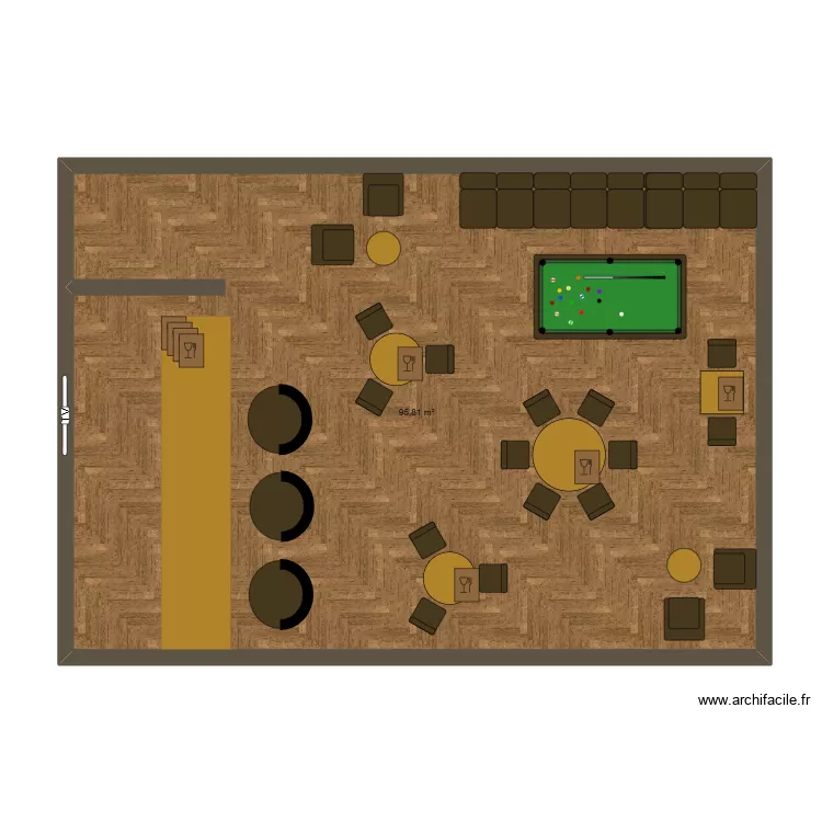 caf&eacute;. Plan de 1 Pièce et 96 m²