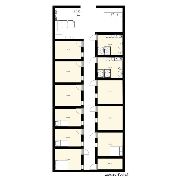 PROJET HOTEL CAPSULE ET AUBERGES. Plan de 12 pièces et 133 m2