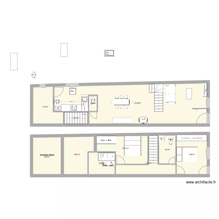 Escalier vertical et terrasse. Plan de 11  et 116 m²