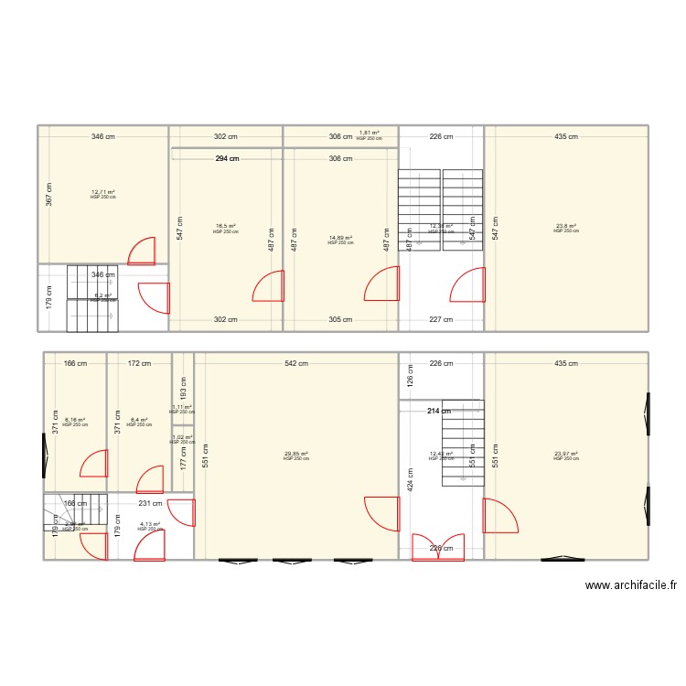 rdc. Plan de 16 pièces et 176 m2