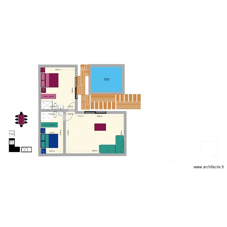 maison avec piscine 2 chambres. Plan de 3 pièces et 72 m2