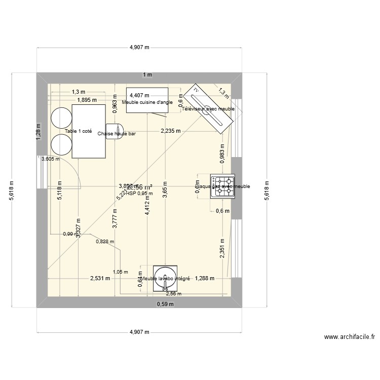 cuisine. Plan de 1 pièce et 23 m2