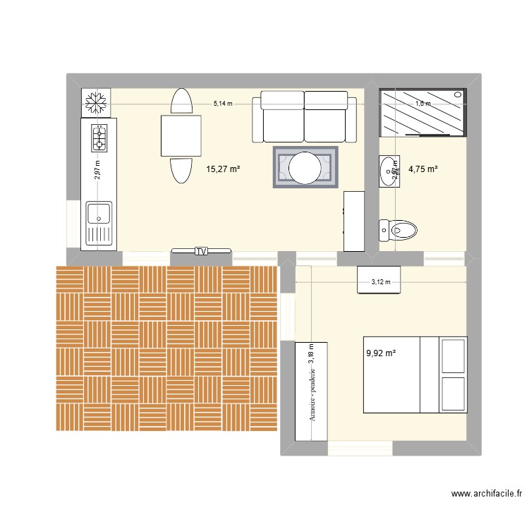 camb. Plan de 3 pièces et 30 m2