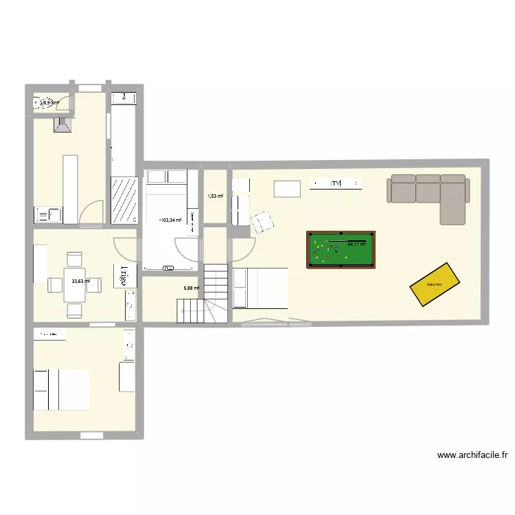 Appartement pour les assistants de LV - version 2 - modifiable. Plan de 6 et 93 m² Appartement pour les assistants de LV - version 2 - modifiable. Plan de 6 et 93 m²