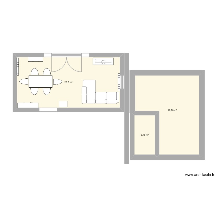 salon. Plan de 3 pièces et 46 m2