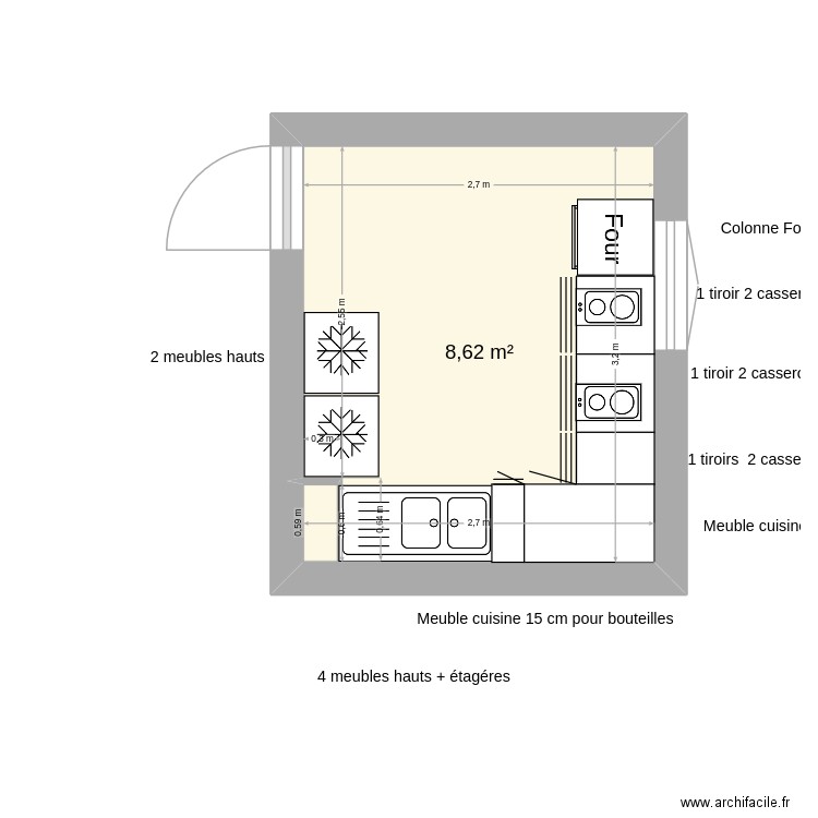 cuisine Damozane. Plan de 1 pièce et 9 m2