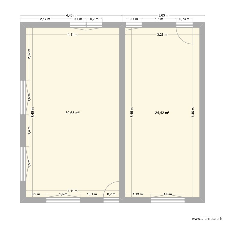 Plan existant simone. Plan de 2 pièces et 55 m2