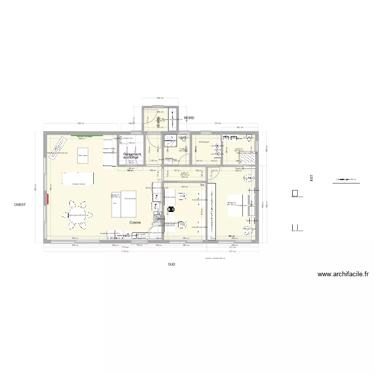 Maison 1 niveau 15.4 x 8.0 m 2 chambres est + SAS. Plan de 