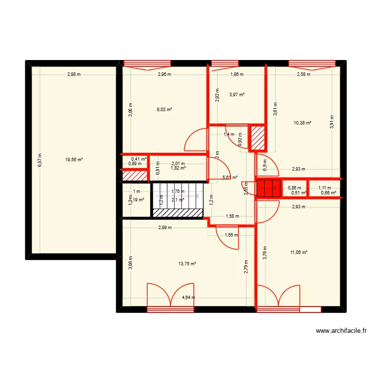 P1.1_PLAN_ETAGE_ELEMENTS_SUPPRIMES_PROJET_ZANY. Plan de 16  et 81 m²