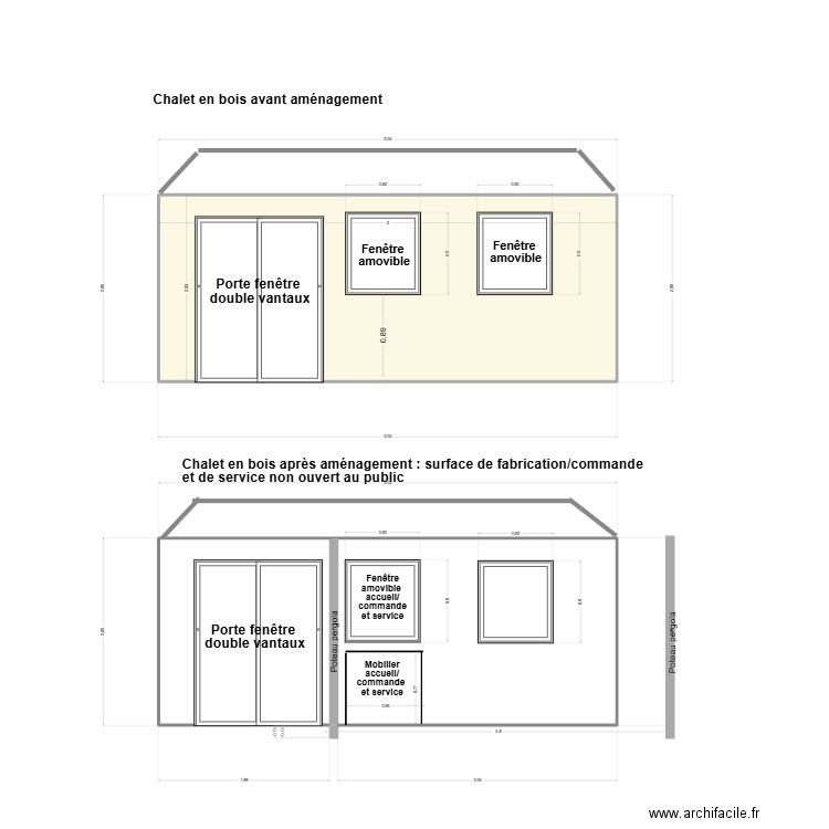 Plan de facade IOP Avant et Après aménagement. Plan de 3 pièces et 20 m2