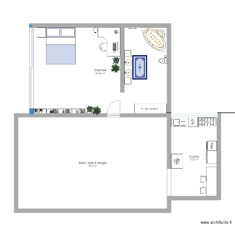 Chambre et salle de bain. Plan de 3 pièces et 110 m2