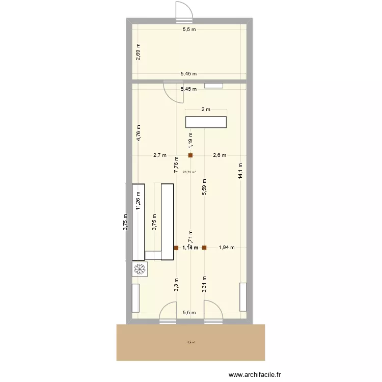 Le comptoir. Plan de 1 Pièce et 77 m²