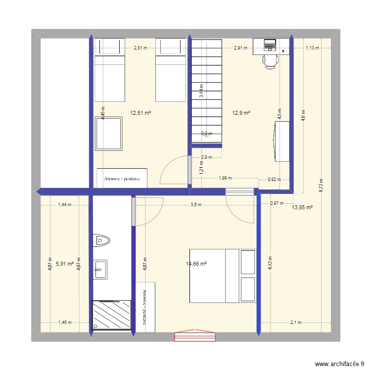 Celles sur plaine Etage. Plan de 5 pièces et 60 m2