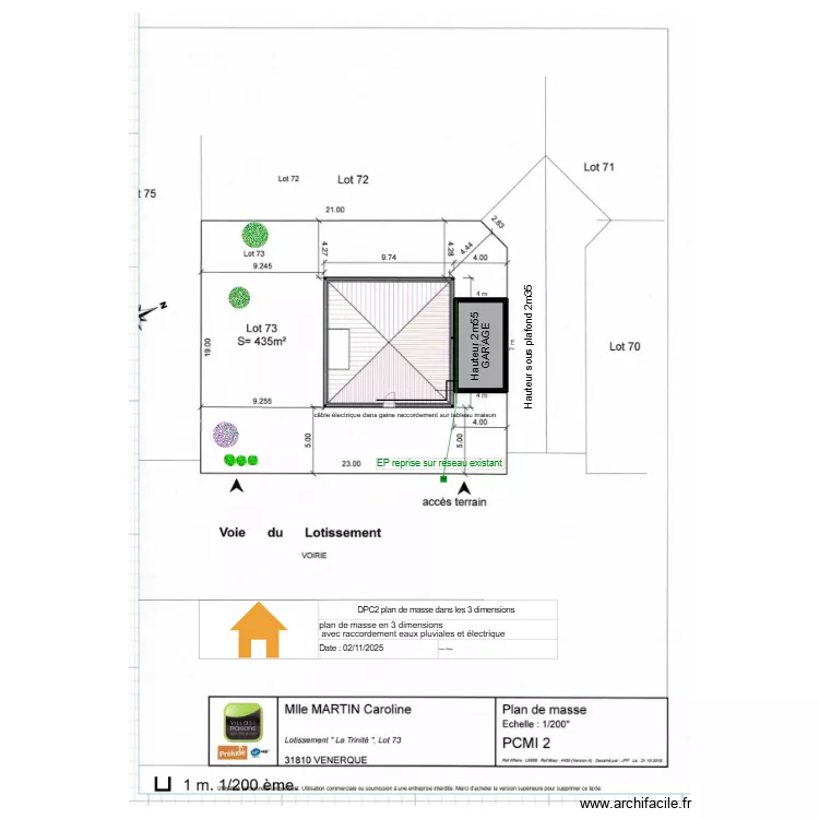 DPC plan de masse dans les 3 dimensions. Plan de 1  et 23 m²