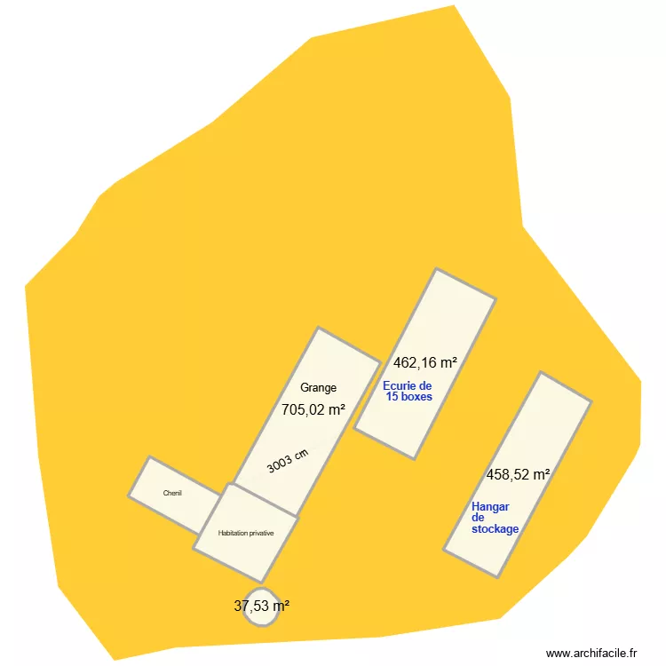 distance avec les ecuries. Plan de 5  et 1801 m²