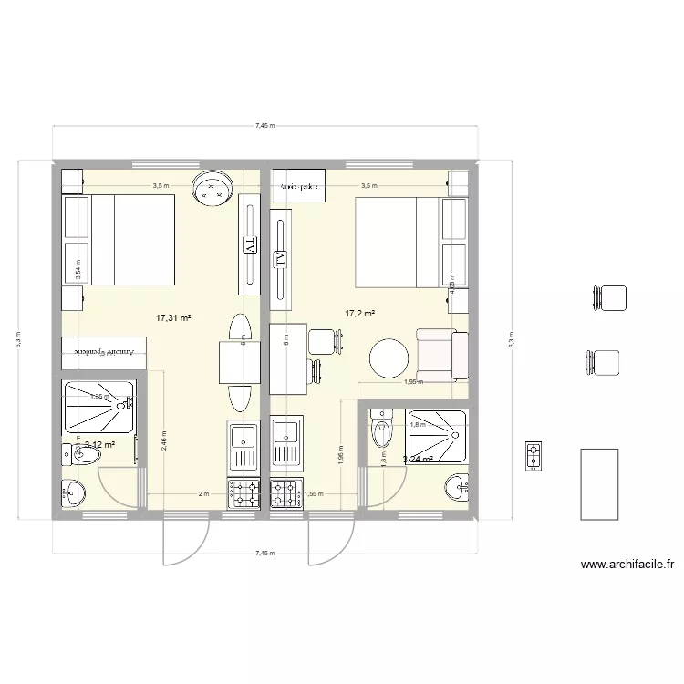 Projet studios R1 au dessus des boutiques. Plan de 4 et 41 m² Projet studios R1 au dessus des boutiques. Plan de 4 et 41 m²